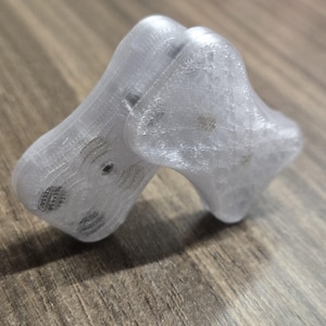 Puede incluir: Un objeto translúcido impreso en 3D con una forma orgánica y curvada. El objeto parece estar hecho de un plástico transparente y semirrígido y tiene una superficie texturizada. El diseño presenta formas redondeadas y estructuras internas.