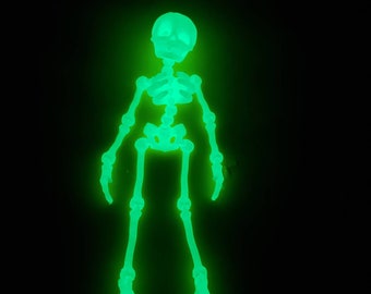 Squelette articulé qui brille dans le noir avec tête magnétique.