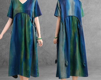 100% Breathable Mulberry Silk Tie Dye Dress XL-4XL