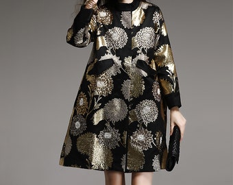 Elegant Jacquard Swing Coat with Beading Detail