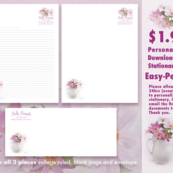 INSTANT DOWNLOAD JW Letter Writing Stationery Vase of Flowers - Lined, Unlined & Envelope
