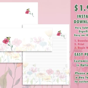 Może przedstawiać: Drukowane papiery firmowe z akwarelowym wzorem różowych kwiatów i pszczół. Tekst "Very Subtle & Dignified Easy on the Ink" jest włączony. Tekst "1. Download 2. Print 3. Begin Writing" jest włączony. Tekst "EASY PEASY Customization is Optional" jest włączony. Tekst "Please allow a day for us to customize." jest włączony.