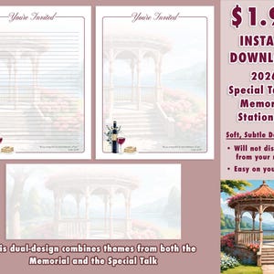 May include: Stationery set with a gazebo design, featuring lined and unlined pages. Includes a wine bottle, glass, and snacks illustration. Text reads "You're Invited" and "2026 Special Talk & Memorial Stationery".