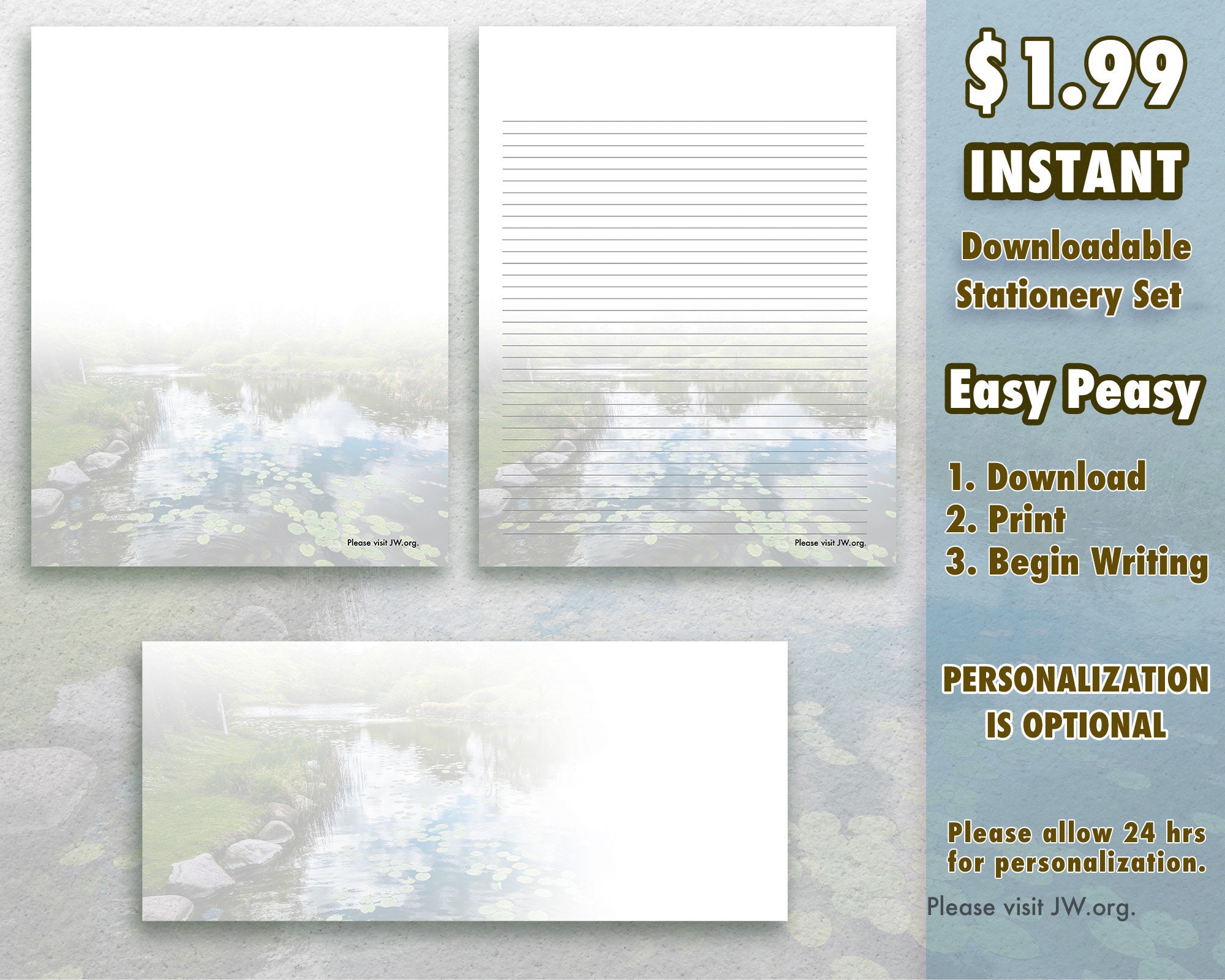 Lily Pond JW Instant Downloadable Stationery