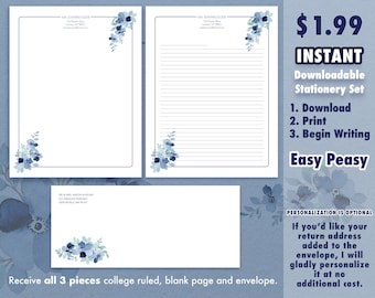 INSTANT Download JW Blue Spring Flowers Letter Writing Stationery Set with Envelope
