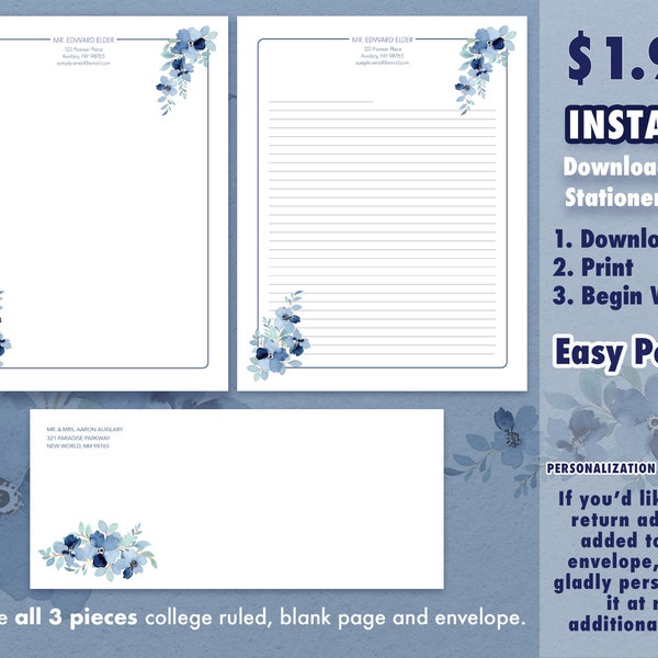 INSTANT Download JW Blue Spring Flowers Letter Writing Stationery Set with Envelope