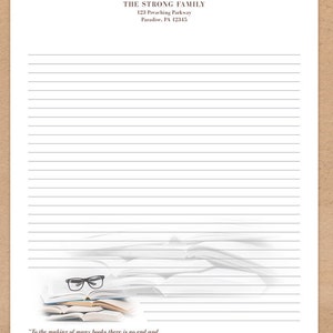 May include: A white sheet of paper with lined writing paper. The top of the page has a brown header with the text "THE STRONG FAMILY" and the address "123 Preaching Parkway, Paradise, PA 12345". The bottom of the page has a black and white image of a stack of books with glasses on top. The text "To the making of many books there is no end and much devotion to them is wearisome to the flesh. - Ecclesiastes 12:12" is below the image. The text "Visit JW.org - "Why Study the Bible?" (Video)" is on the right side of the page.