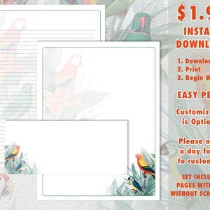 Juego de papelería con membrete descargable de JW con temática de guacamayo