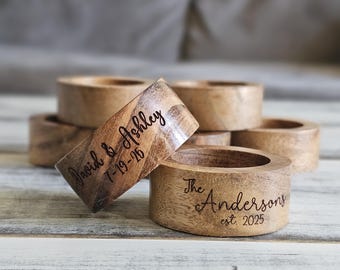 Personalized Engraved Wood Napkin Holder Rings Wedding, Bridal & Baby Showers, Dinner Party Rustic Barn Decor