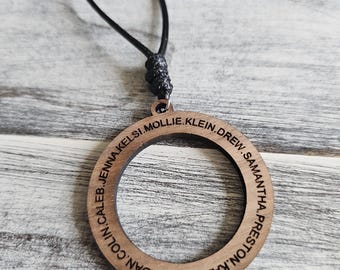 Personalized Wood Engraved Necklace - Custom Name Necklace - Wooden Pendant Jewelry - Customizable Family Name Necklace