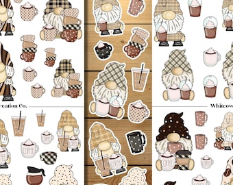 Gnome Coffee Social, Printable Sticker Sheet, Gnome Clip Art, Digital Stickers Sheets, Coffee Stickers, Gnome Stickers, Scrapbook Stickers