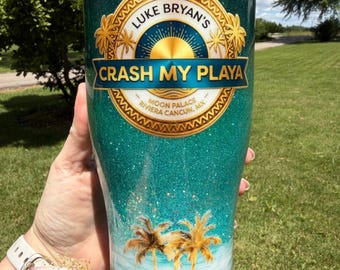 Crash My Playa Emerald and Teal Beach Glitter Tumbler, 2027 Logo, Free Personalization