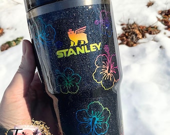 RTS Stanley 20 oz Hibiscus Flowers and Black Glitter Tumbler