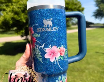 Vaso térmico RTS Stanley Quencher de 30 oz con purpurina floral azul
