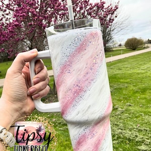 40 oz White and Pink Milkyway Glitter Tumbler, Free Personalization