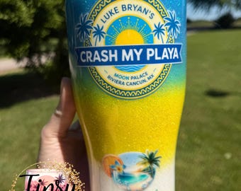 Crash My Playa Blue, Yellow, and White Glitter Tumbler, 2027 Logo, Free Personalization