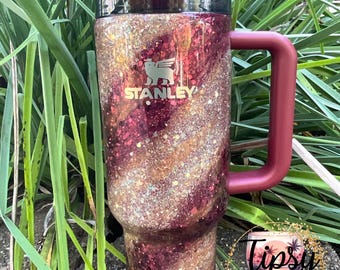 Authentic Stanley Quencher 40 oz Burgundy and Gold Glitter Milkyway Epoxy Tumbler