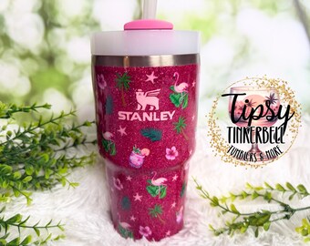 RTS Stanley 20 oz Topical Pink Flamingo Epoxy Glitter Tumbler