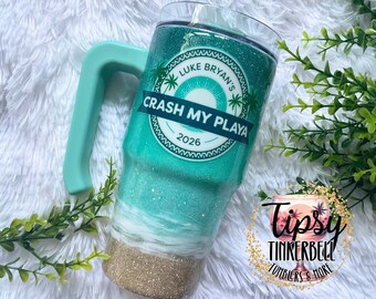 2027 Crash my Playa Mint Beach Glitter 20 oz Tumbler with Handle. Free Personalization