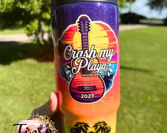 Crash My Playa 30 oz. Sunset Beach Glitter Tumbler, Top Handle, Flip Top, 2027 Logo, Free Personalization