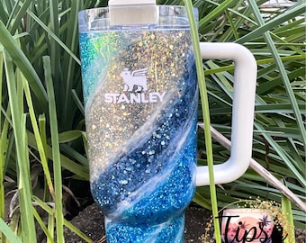Authentic Stanley Quencher 40 oz Beach Inspired Milkyway Epoxy Glitter Tumbler