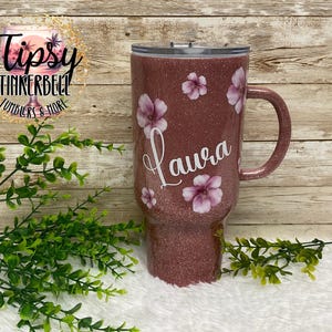 Rose Gold and Floral Glitter Tumbler with Handle, Free Personalization