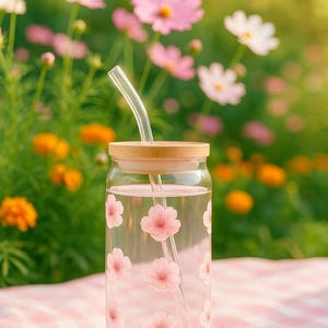 Aesthetic Glass Cups w/ Bamboo Lid & Glass Straw | Strawberry, Flower, Lemon Designs | 16oz Iced Coffee Tumbler | Girly Gift | Summer