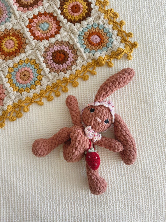 CUSTOM Bunny Stuffed Animal with Bonnet - Crochet Lovey - Strawberry Purse - Carrot Bag - Easter Basket Stuffer - Spring Baby Shower Gift