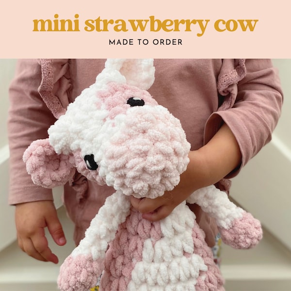 Strawberry Cow Snuggler - Mini Pink Cow - Western Baby Nursery Decor - Crochet Cow Lovey - Cowgirl - Toddler Gift