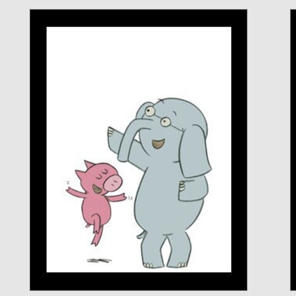Piggie and Elephant Book Character Posters- Black Frame with White Background