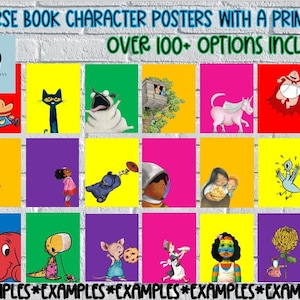 Diverse Children’s Story Book Character Posters with a Primary Color Background- 100+ Options Included! Classroom Book Character Posters