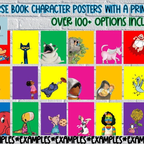 Diverse Children’s Story Book Character Posters with a Primary Color Background- 100+ Options Included! Classroom Book Character Posters