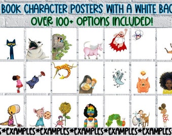 Pósteres de personajes de libros diversos: personajes de cuentos para el aula con fondo blanco. Más de 100 pósteres incluidos