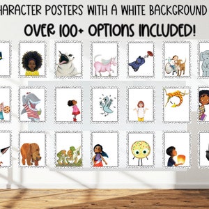 Affiches de personnages de livres variés - Personnages de livres de contes pour la classe avec une bordure à pois et un fond blanc - Plus de 100 options incluses