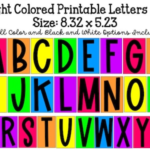 Puede incluir: Letras del alfabeto imprimibles en colores brillantes, incluyendo rojo, naranja, amarillo, verde, azul, morado y rosa. Cada letra mide aproximadamente 8,32 pulgadas por 5,23 pulgadas.