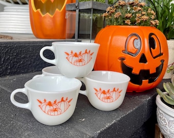 Vintage Autumn Pumpkin Custom Pyrex Mugs Set of 4 Milk Glass w/ Vinyl Transfer Decorative Use Kitschy Cottage Fall