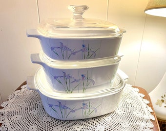 Vintage 1980s Shadow Iris Botanical Floral Corning Ware Casserole Dish's with Lids Sold Individually Retro Kitchen Lavender Kitsch