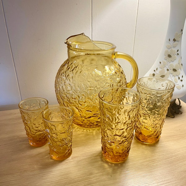 Vintage Anchor Hocking Amber Honey Gold Lido Milano Ball Pitcher & Tumbler Glasses SOLD INDIVIDUALLY Ret