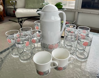 Vintage Silk and Roses Corning Thermique Corelle Compatibles Carafe, Glasses & Coffee Cups