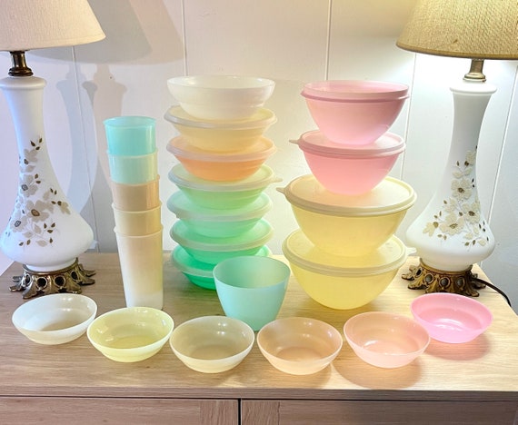 Vintage Tupperware Square Round Covered Containers Sheer Pink, Blue, Green  and Yellow Set of 4 