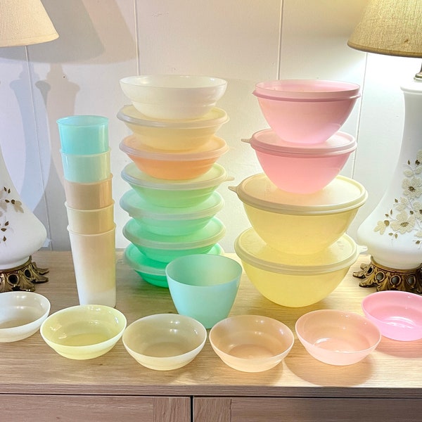 Vintage 50s -60s Pastel Tupperware Cereal Bowls Cups Storage Retro Kitchen Kitschy Orlando USA CHOICE Pink Jadeite Blue Yellow Green white