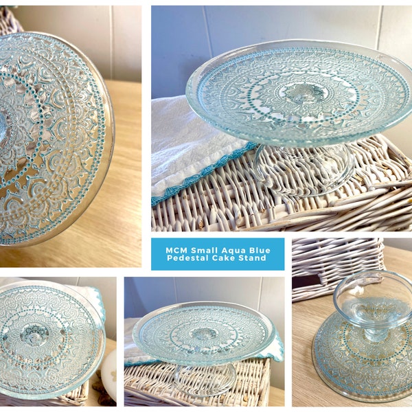 MCM Aqua Blue Jeannette Glass Small Cake Stand w/ Pedestal Retro ornate kitsch display 6.75"