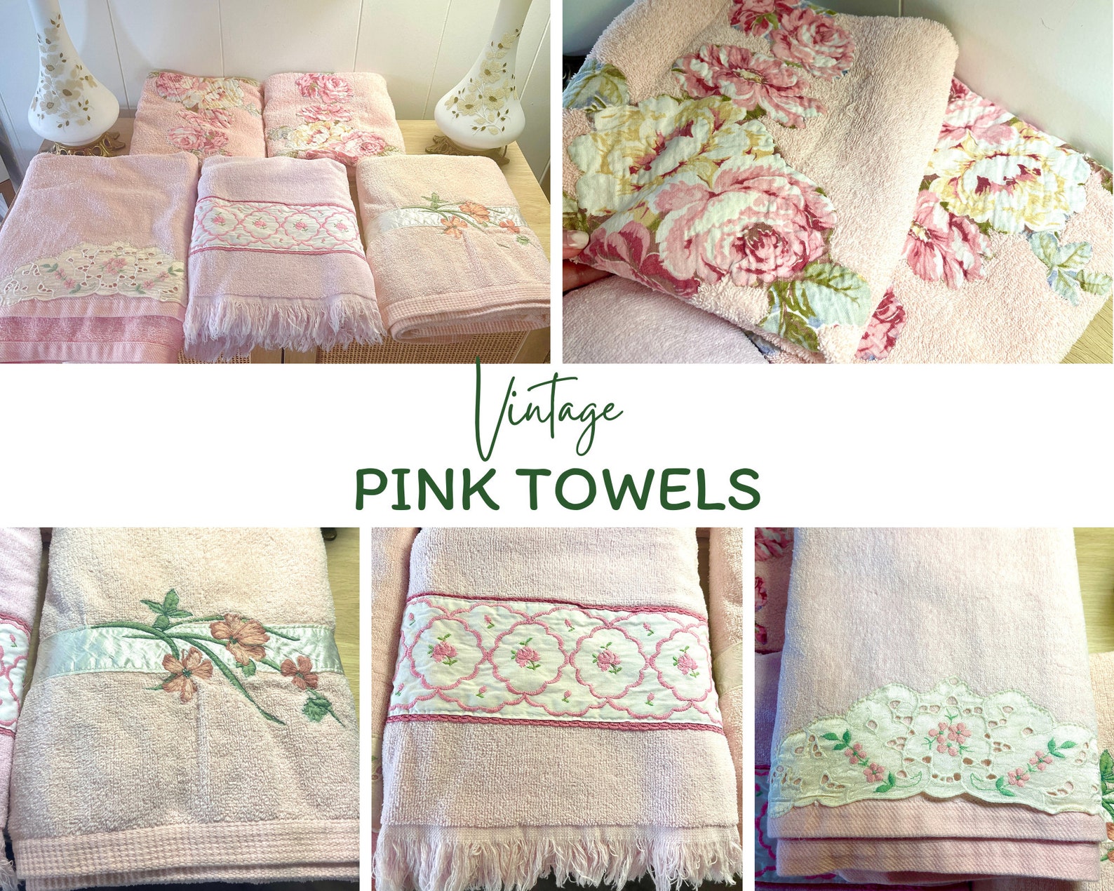 Vintage 70s / 80s Pink Floral Bath Towels Made in the USA Retro ...