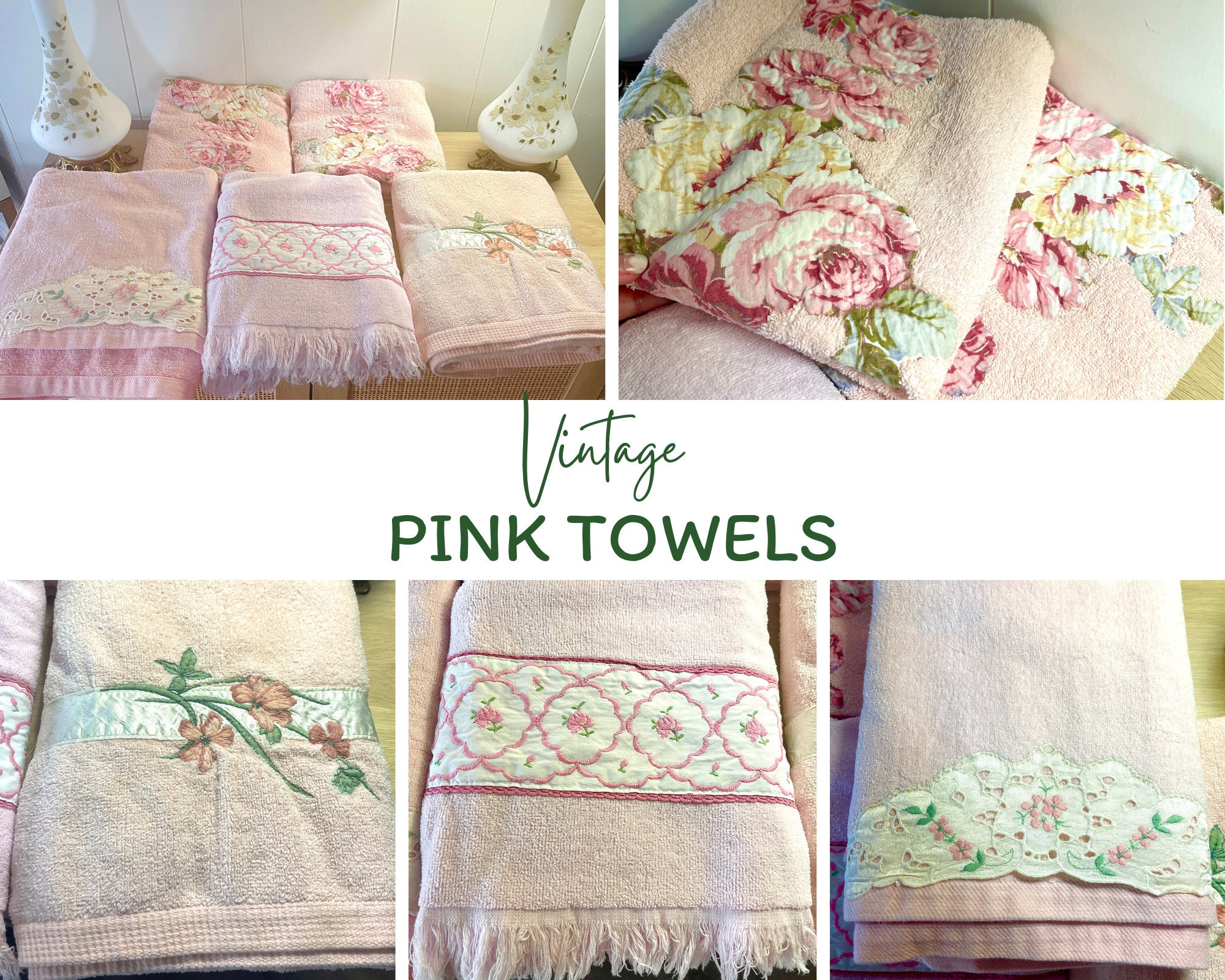 MoD Vintage Cannon 2pc Pink & Avocado Floral Design Bath + Hand Towels w/  Fringe
