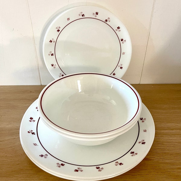 Vintage 1980s Corelle Burgundy Rose Luncheon Salad Appetizer Plates Bowls Retro kitchen Corning Ware Replacement