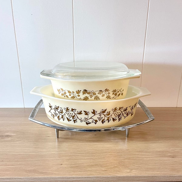 Vintage 1959 Pyrex Golden Grapes Casserole #045 & 1960 Golden Acorn #043 with Lid 943 SOLD INDIVIDUALLY Mid Mod MCM Retro Kitchen Kitschy