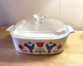 Vintage 1975 Country Festival Corning Ware Casserole Dish #A-2-B w/ Glass Pyrex Lid Retro Kitsch Ovenware Bakeware