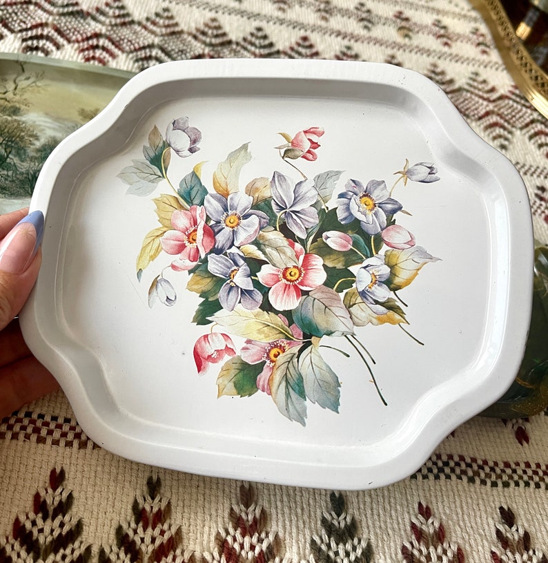 Vintage 70s Trinket Trays Small Vanity Display Tin Tray Sold Individually Retro Kitsch Floral Scenery Currier Ives image 2