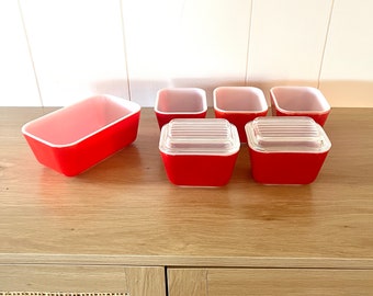 Vintage 1950s Red Pyrex Refrigerator Dishes & Lids CHOICE  Mid Century Mod MCM Kitsch kitchen storage Retro Collectable 501 502