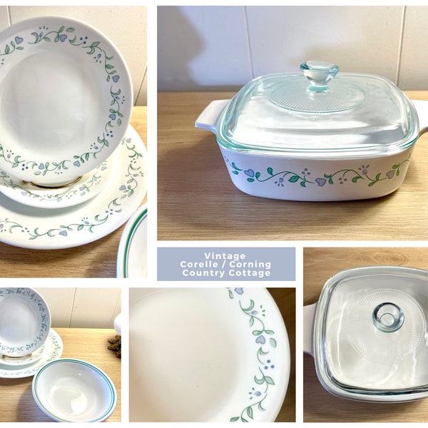 Vintage 90s Corning / Corelle Coordinates Country Cottage Casserole Dish A-1-B Plates, Bowls, Tumbler Glass Lavender Blue heart Kitsch